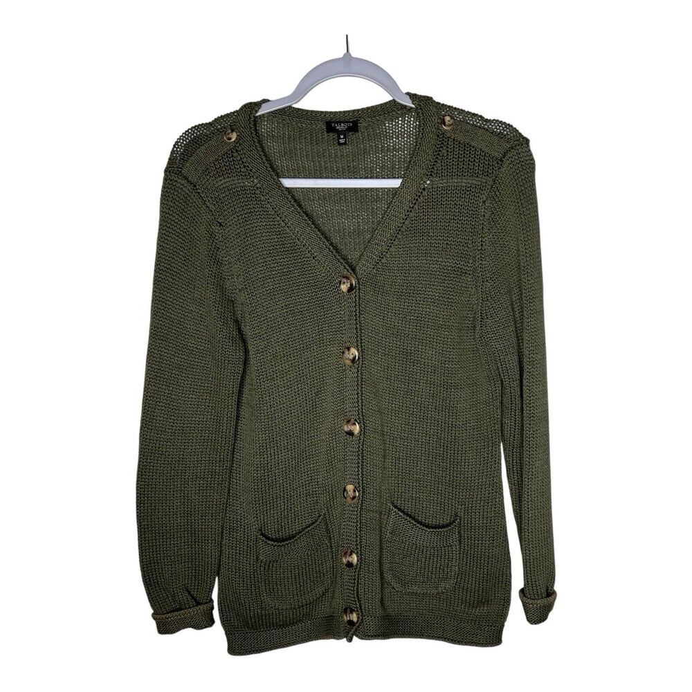Talbots Sweater Womens Medium Cardigan Green Cotton Knit Minimal V Neck Stretch